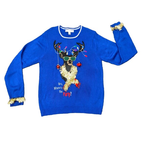 Jolly Sweaters Size M Blue Bro Where's the Party Holiday Ugly Christmas Sweater - Picture 3 of 16
